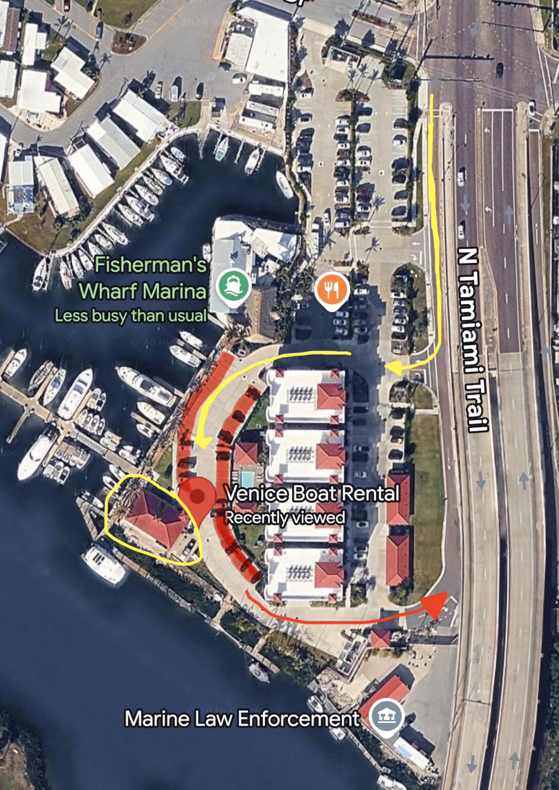 Aerial map showing Venice Boat Rental at Fisherman's Wharf Marina, 465 N Tamiami Trail Unit 4, Venice, FL